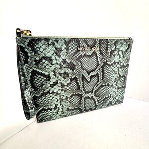 Michael Kors Jet Set Snakeskin Wristlet Clutch Teal Python Embossed Leather